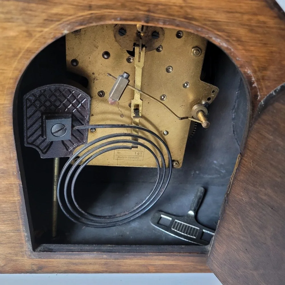Antique German Mechanical Mantel Clock – Napoleon Hat Wood Case with Key, 15